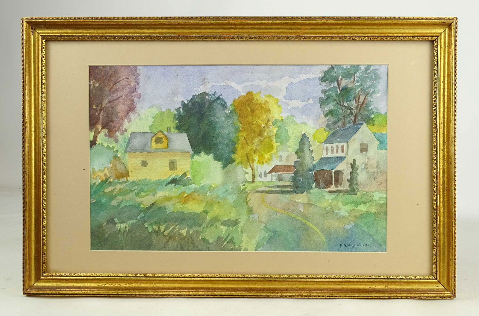 Watercolor Signed F. Vallotton: Watercolor: Landscape signed F. Valloton. Overall in frame. 12 1/2" x 19 1/2".