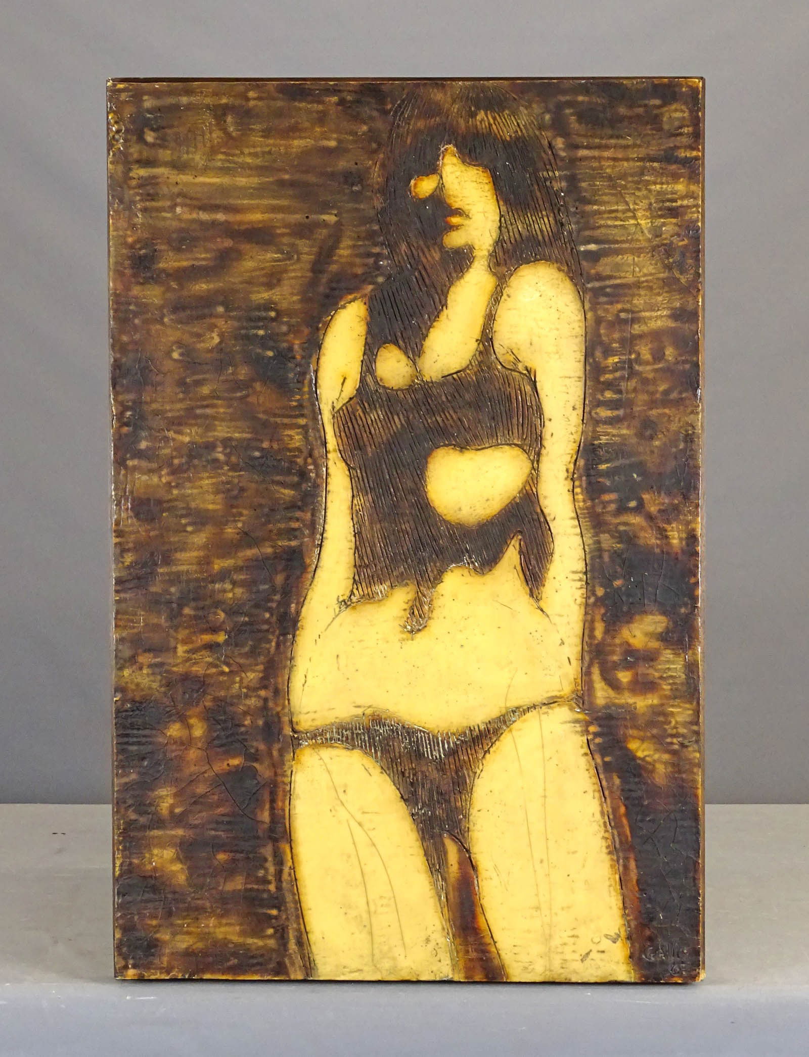 Frank Gallo Mixed Media Artwork: Frank Gallo mixed media artwork on wooden panel. Figure of a 36 1/2" x 24".