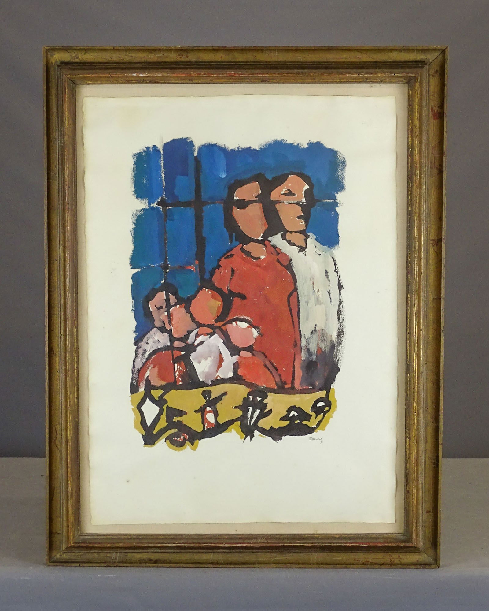 Frank Kleinholz (American, 1901-1987): Frank Kleinholz (American, 1901-1987), mixed media, figures in window. Overall in frame 37" x 28 1/2".