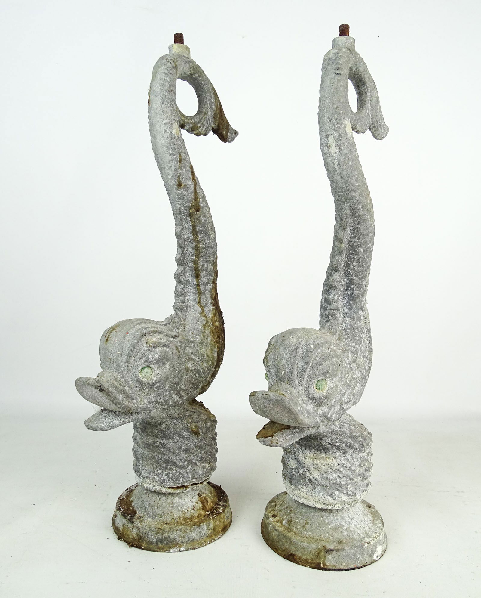 Pair Metal Dolphin Elements: Pair of metal Dolphin elements. 21" Ht..