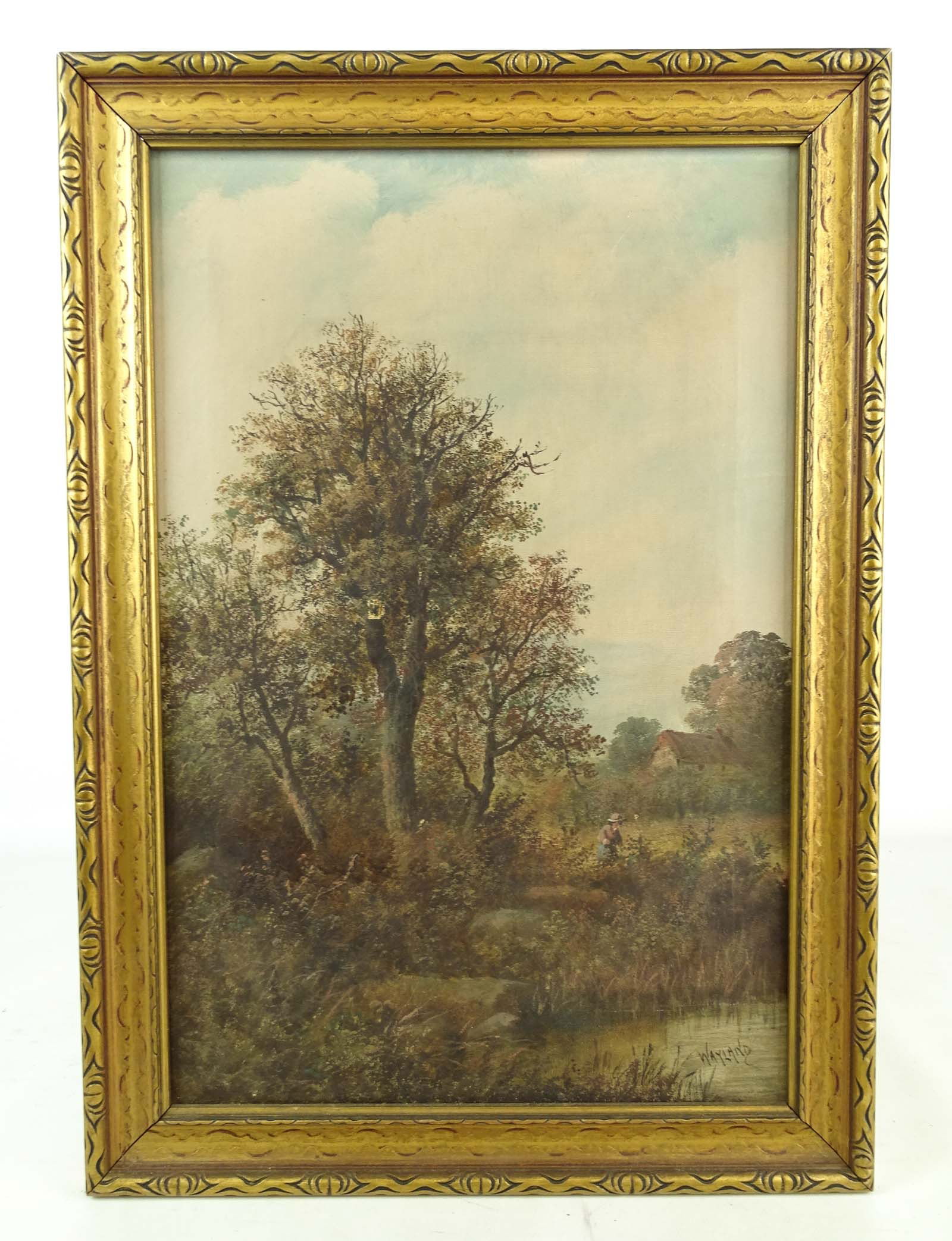 Painting: Landscape Signed Wayland: Painting: Landscape signed Wayland. Oil on canvas. Overall in frame 20 1/2" x 14 1/2".