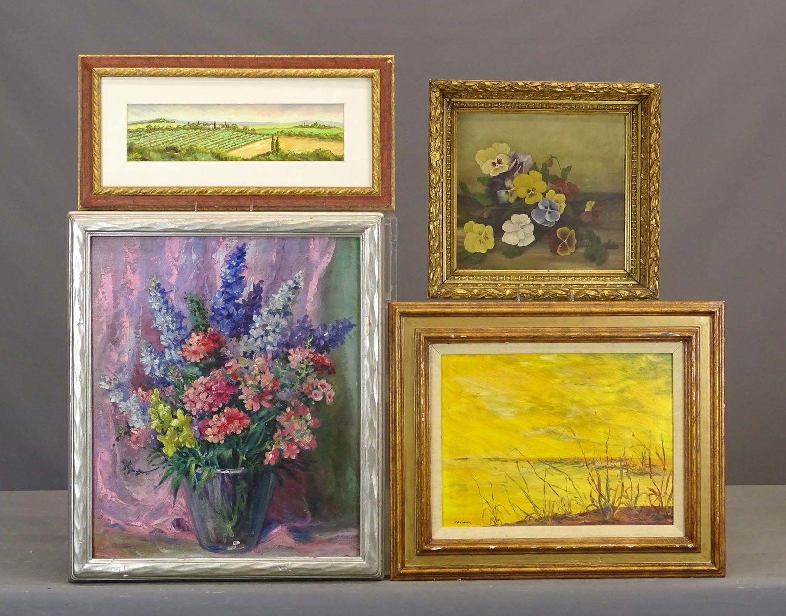 Artwork Lot: Artwork lot including: Floral subject, oil on panel (overall 14 1/2" x 16"), farmscape (overall in frame 10" x 21"), landscape (oil on panel, overall 18" x 22"), foral subject (oil on panel, overall
