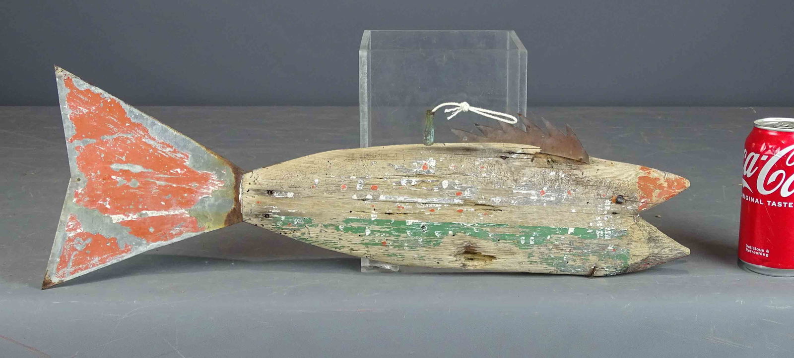 Fish Weathervane: Early wood & tin fish weathervane. 20" L. x 7" Ht