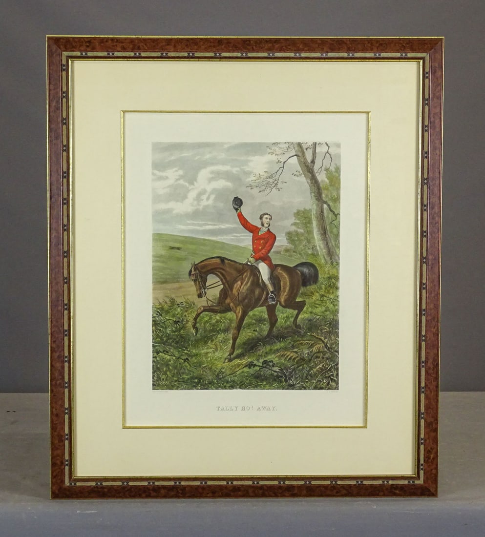 19th c. Fox Hunting Print: 19th c. Fox Hunting print "Tally Ho! Away", after E.G. Hester, Sheldon-Williams. Frane 29 3/4" x 24 3/4", sight 19 1/2" x 15 1/4". Not lots 462-468 have matching frames.