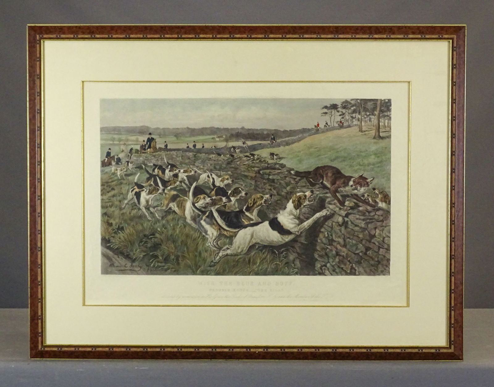 19th c. Fox Hunting Print: 19th c. Fox Hunting print "With the Blue and Buff", engraved by J.C. Webb, After Allen C. Sealy and A.H. Wardlow. Frame 32 1/4" x 41 3/4", sight 21" x 21".