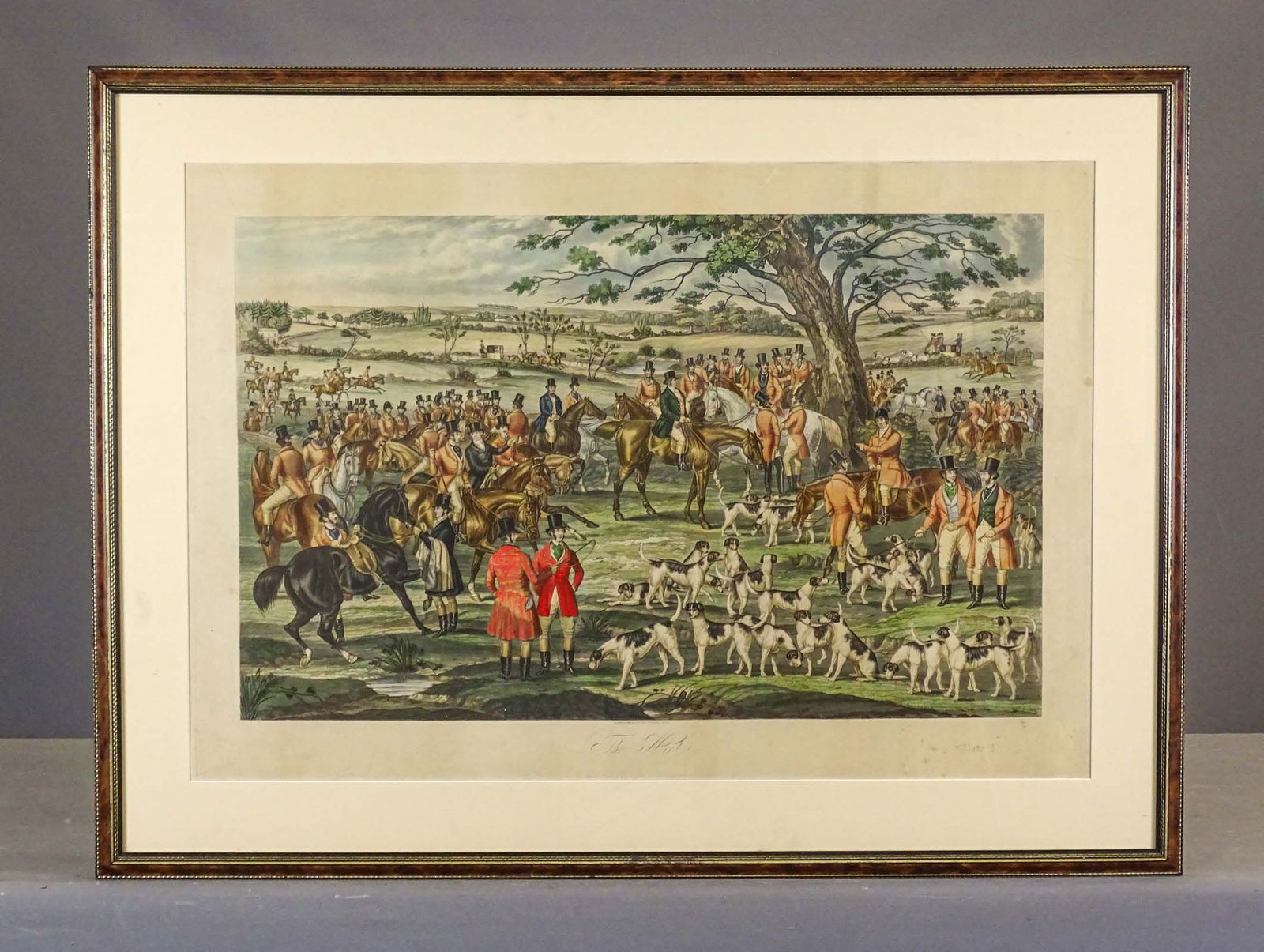 19th c. Fox Hunting Print: 19th c. Fox Hunting print, "The Meet", plate I, drawn and engraved by Charles Hunt. Frame 28 3/4" x 38 3/4", sight 21 3/4" x 38 1/2".