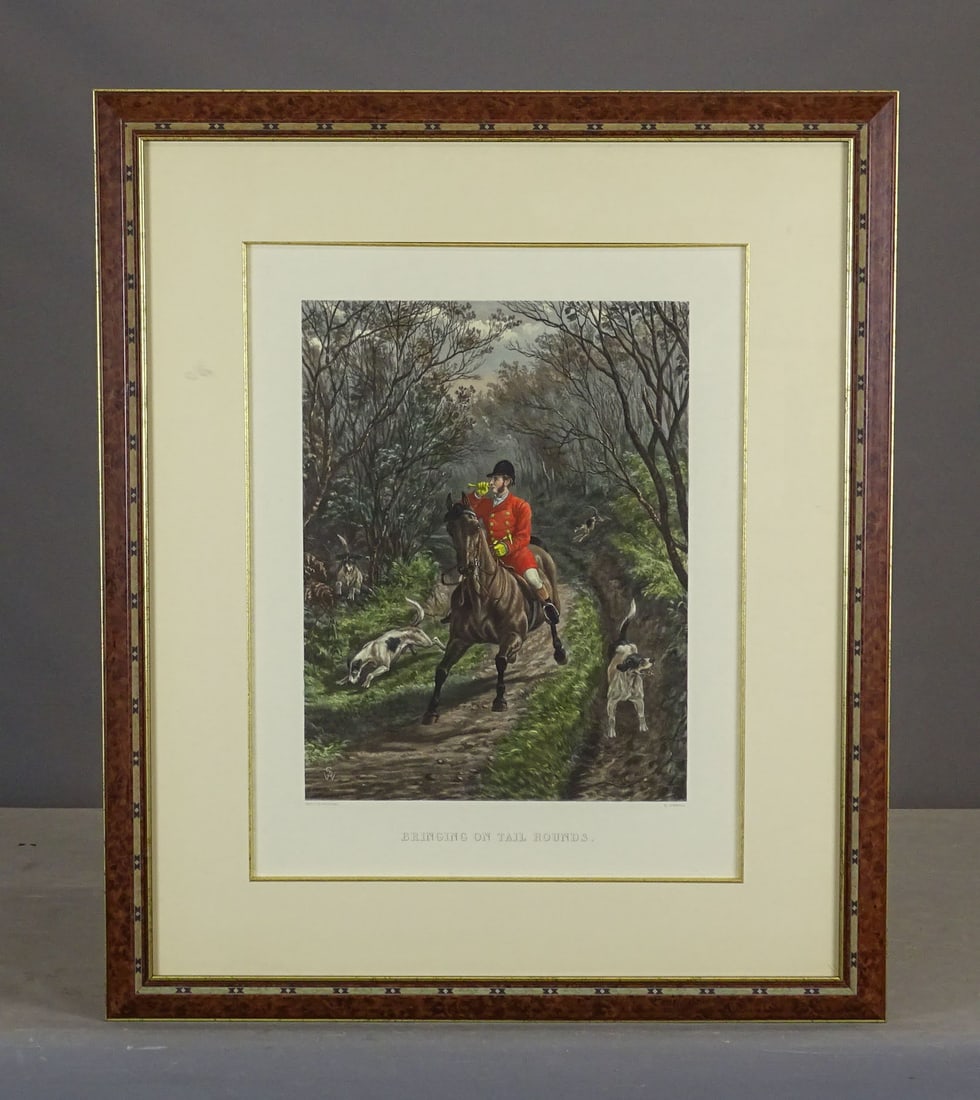 19th c. Fox Hunting Print: 19th c. Fox Hunting print "Bringing on the Hounds", after Sheldon-Williams. Frame 29 3/4" x 24 3/4", sight 19 1/2" x 15".