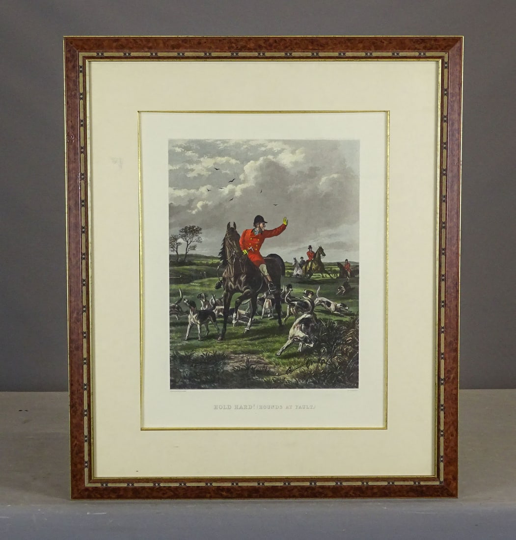 19th c. Fox Hunting Print: 19th c. Fox Hunting print "Hold Hard! (Hounds at Fault)", W. Summers after Sheldon-Williams. Frame 28 1/2" x 24 3/4", sight 19 3/4" x 15 1/4".