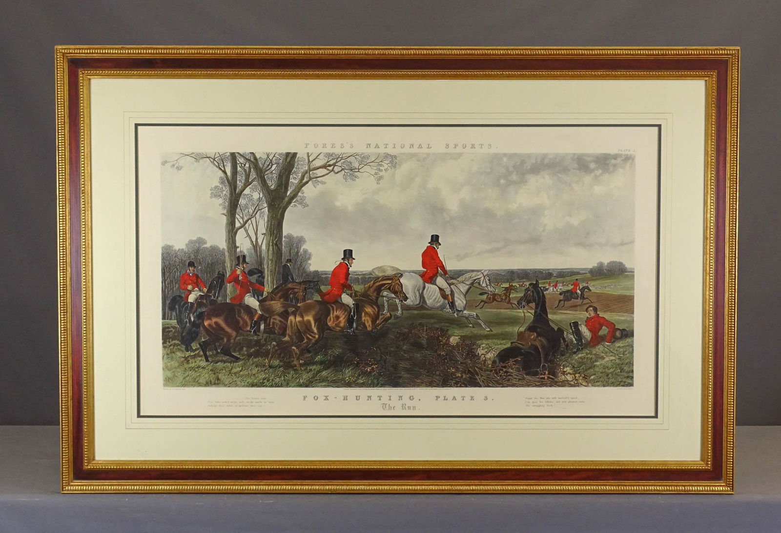 19th c. Fox Hunting Print: 19th c. Fox Hunting print "Fox Hunting Plate 3", engraved by J. Harris, after J.F. Herring. Frame 39 1/2" x 59 1/2", sight 25 1/2" x 45 1/4", frames lot 469-470 match.