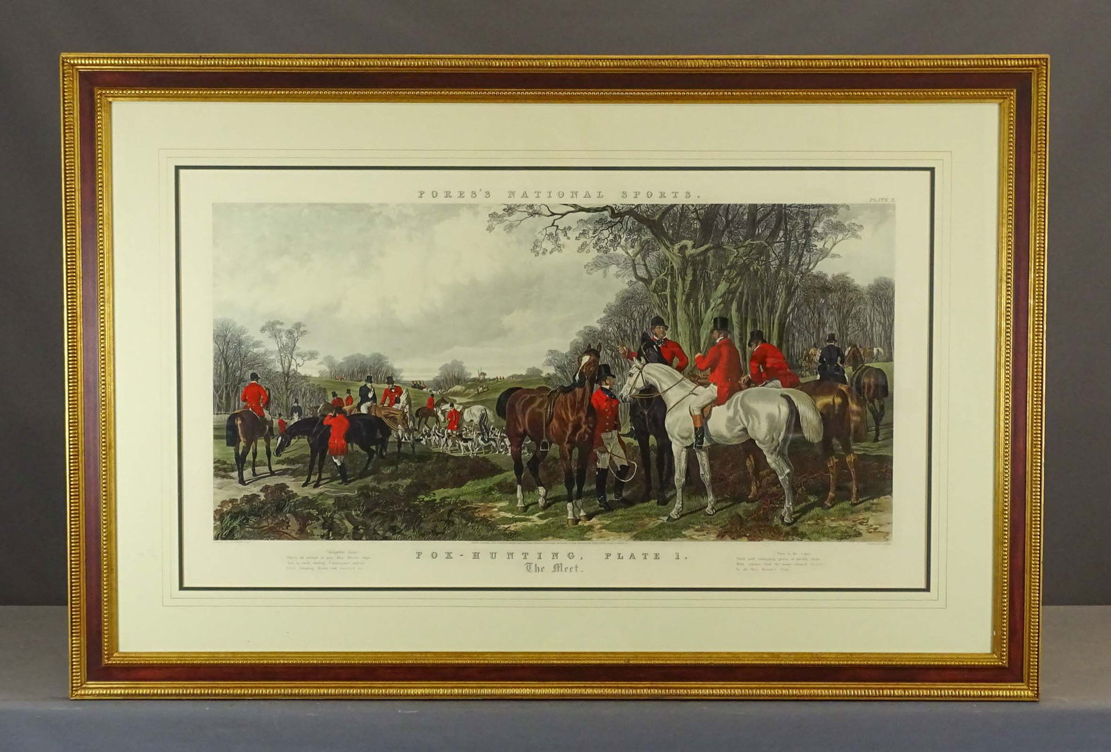 19th c. Fox Hunting Print: 19th c. Fox Hunting print, "Fox Hunting Plate I", engraved by J. Harris, after J.F. Herring. Frame 39" x 59", sight 25 1/2" x 45 1/4".