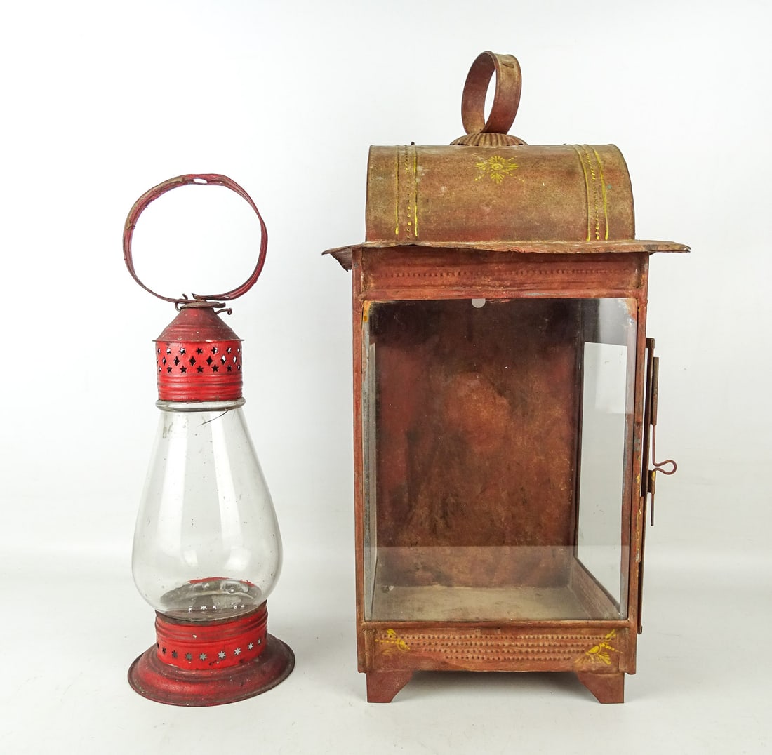 Pair Lanterns: Lot including early lantern in red paint (17" Ht.), painted tin and glass lantern (21" Ht.).