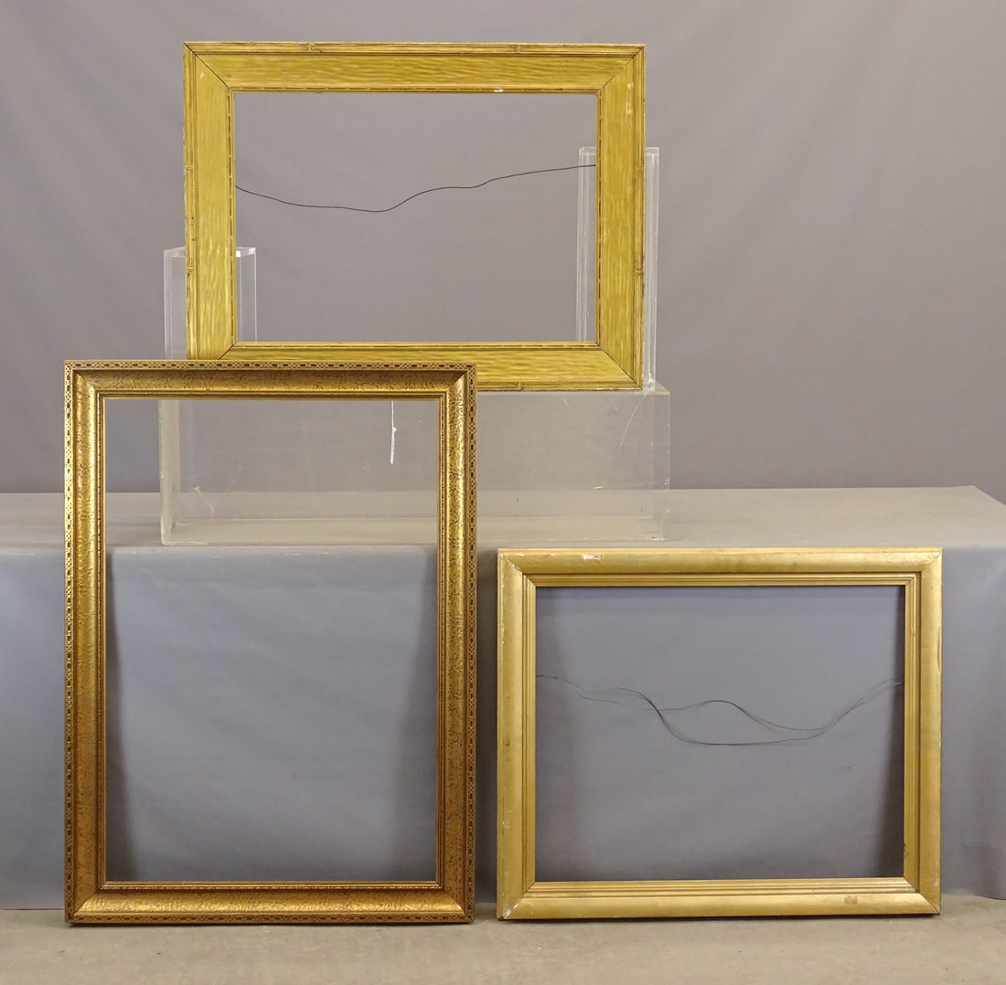 Frame Lot: Lot (3) early frames. Includes: Rabbet size 38" x 26", overall 44" x 31"; rabbet size 23 1/2" x 29 1/2", overall 35" x 28 1/2"; rabbet size 20" x 28 1/2", overall 36 1/2" x 27".