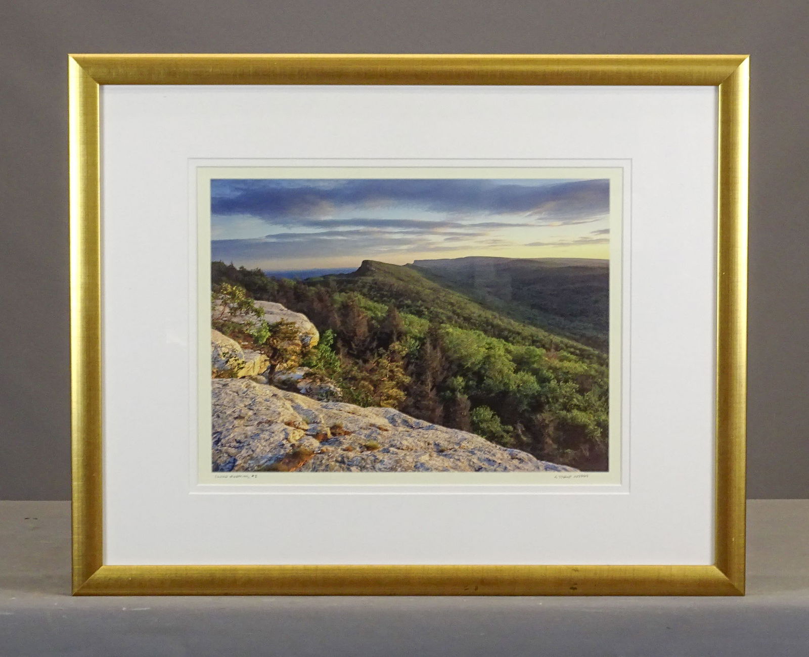 Steve Jordan Photograph: Colored photograph of the Sawangunks in the Hudson Valley signed Steve Jordan, titled "Clove Evening #1". Overall in frame 24 1/2" x 30".