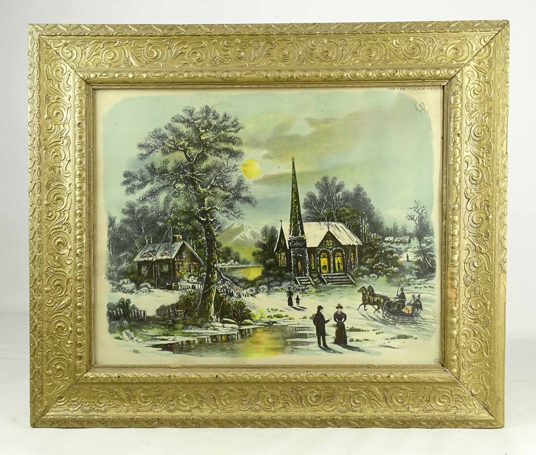 Victorian Print: Victorian framed print. Winter subject with figures and Church. Overall in frame. 23" x 27".