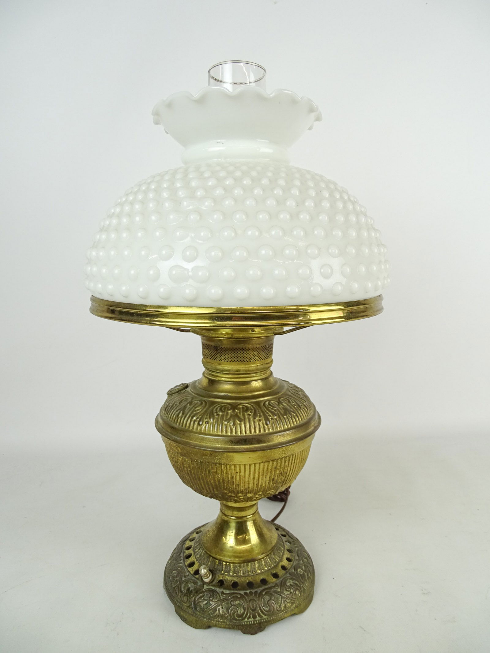 Oil Lamp: Oil lamp with Hobnail glass shade. 19" Ht., shade 12" D..