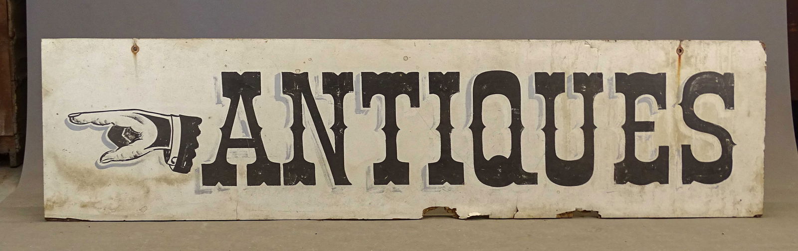Antiques Sign: Large plywood ANTIQUES sign. 24 1/2" x 95". As is.