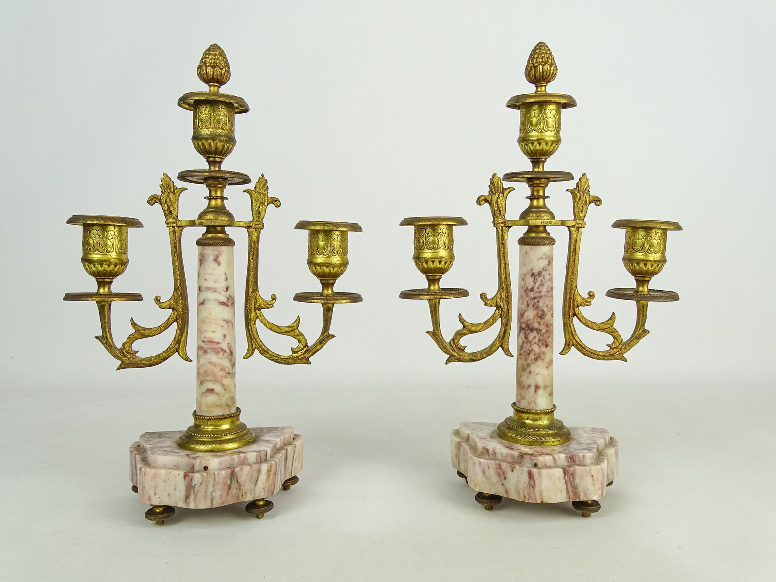 Pair 19th c. French Candlesticks: Pair 19th c. marble and bronze French candlesticks. 7" W., 11 1/2" Ht..