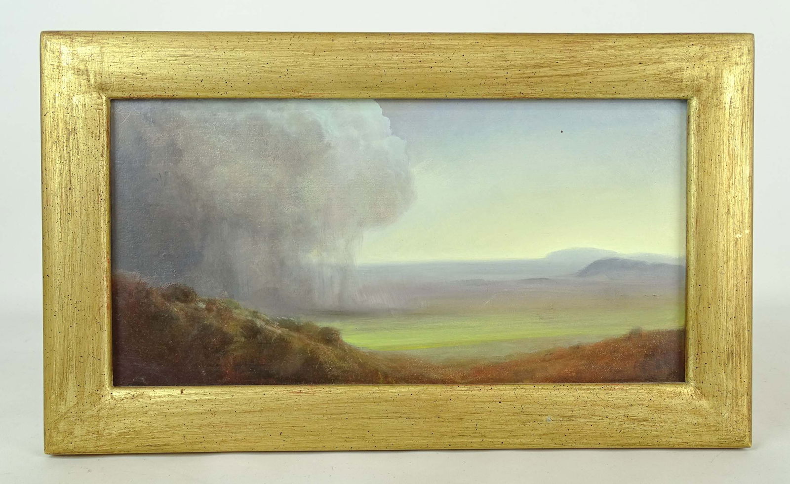 Peter A (PA) Nisbet (b. 1948): Peter A (PA) Nisbet (b. 1948), Receding Storm, oil on panel. Frank Croft Gallery label verso. Overall in frame 9 1/2" x 15 1/2".