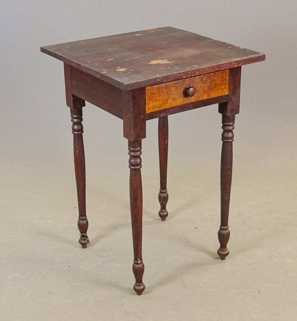 19th c. Single Drawer Stand: 19th c. single drawer country Sheraton stand, having a birdseye maple drawer. 20" x 19 1/2", 28 3/4" Ht.