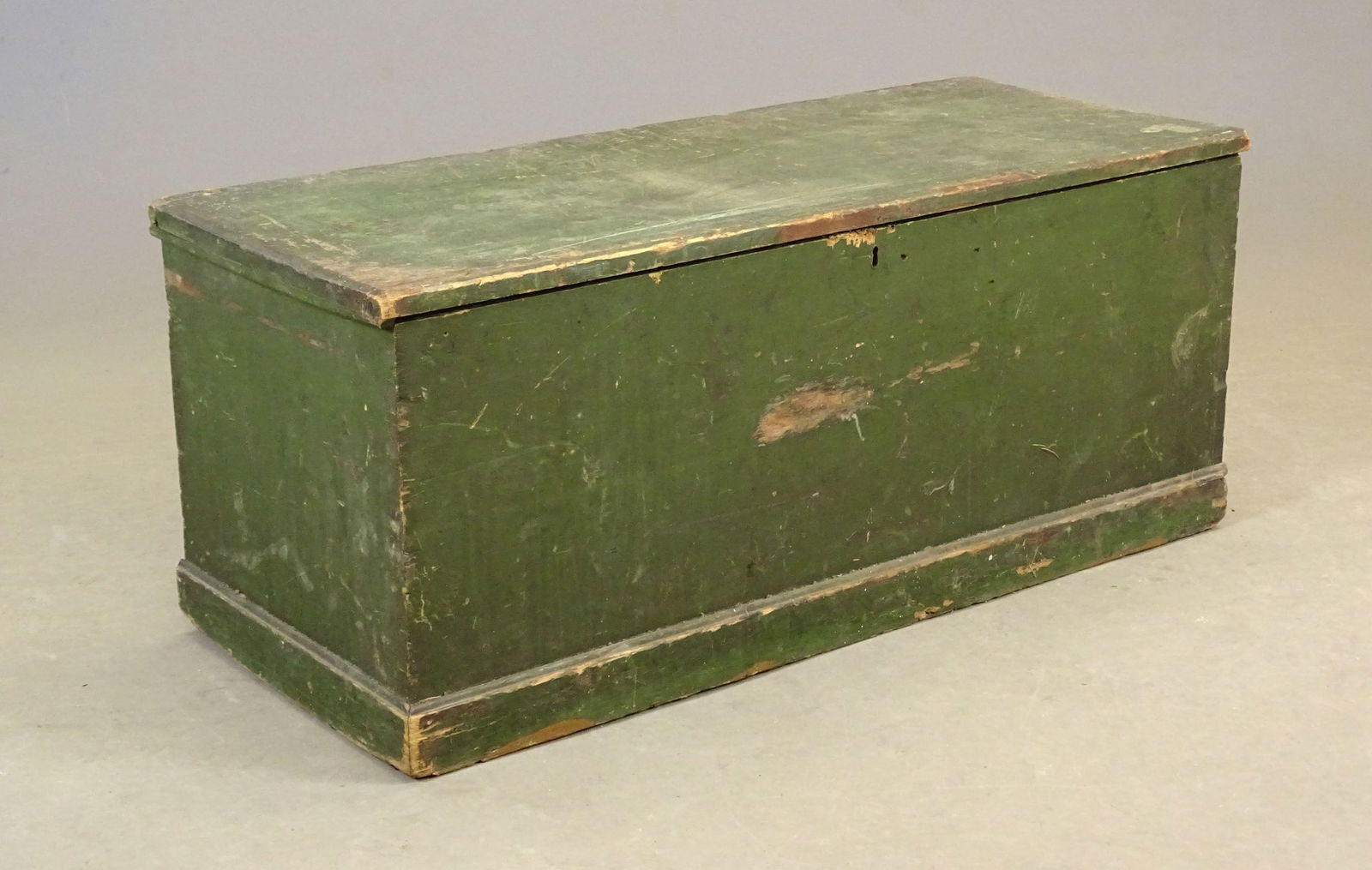 19th c. Blanket Box: 19th c. blanket box in apple green paint, signed on back, difficult to read "J.B. Statton Shellburn (?)". 43" x 18", 17 1/2" Ht.