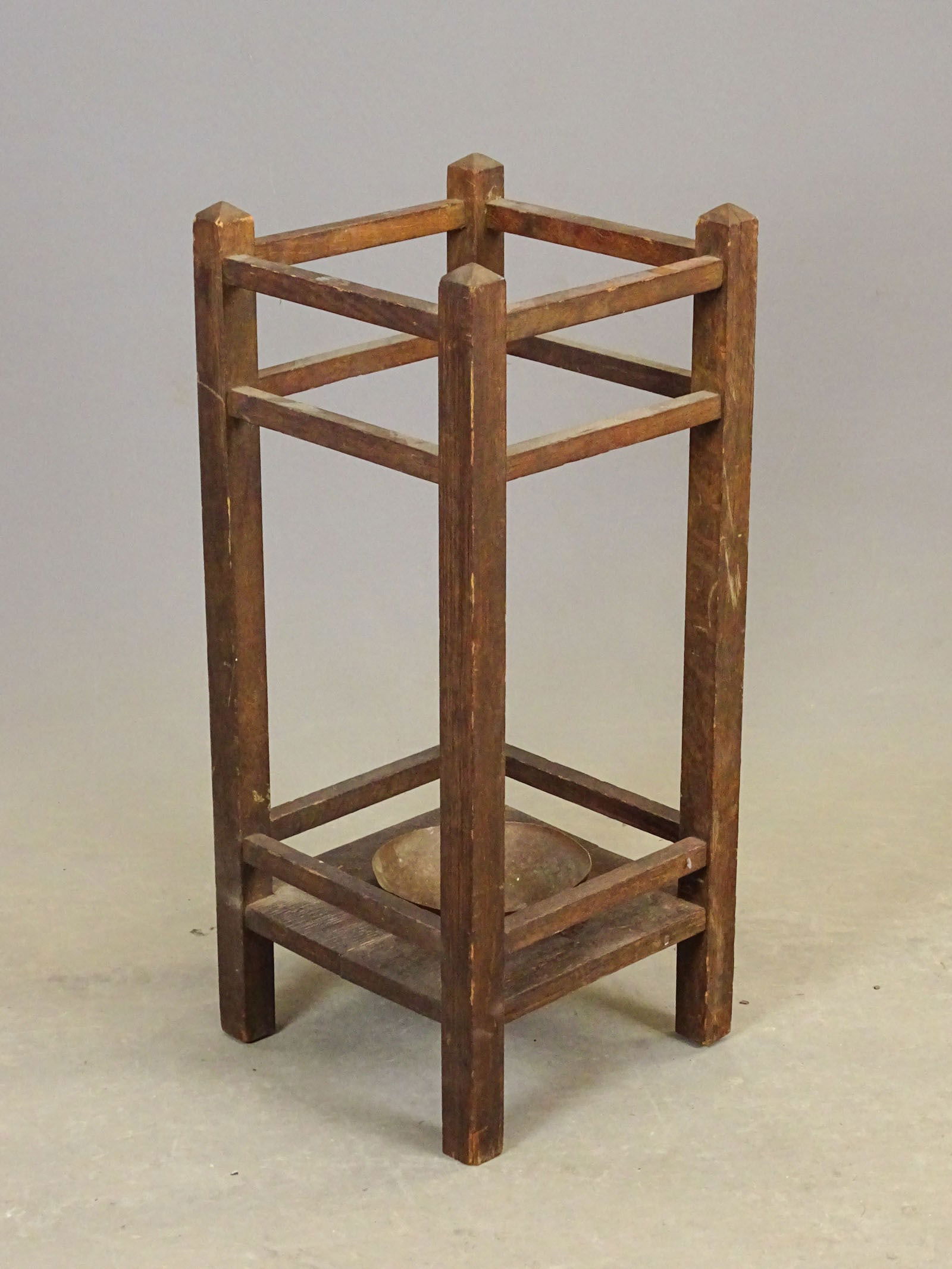 20th c. Arts & Crafts Umbrella Stand: Early 20th c. Arts & Crafts period oak umbrella stand, signed "Young and Sons Camden N.Y.". 12" Sq, 28" Ht.