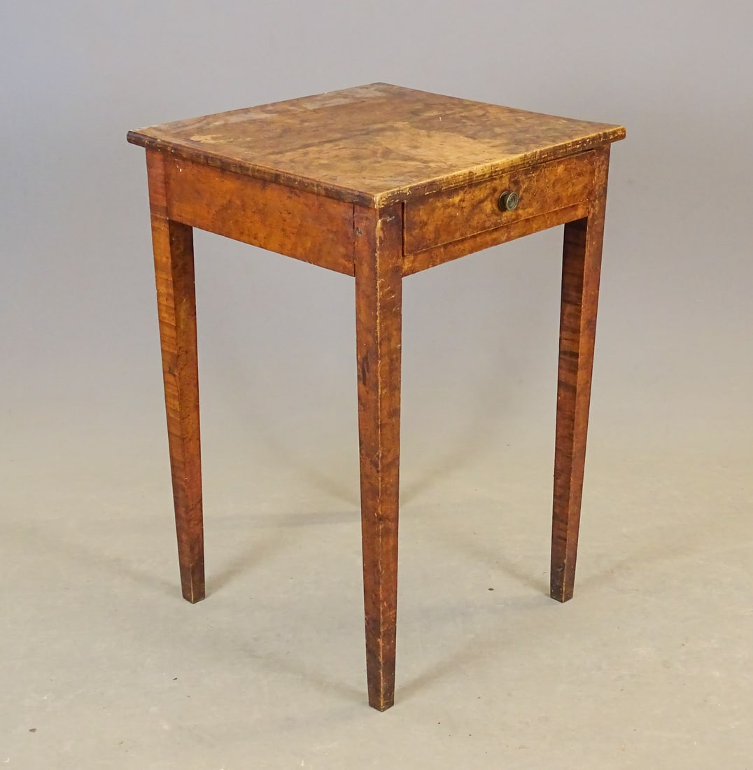 19th c. Hepplewhite Single Drawer Stand: 19th c. Tiger and Birdseye maple Hepplewhite single drawer stand. 19" Sq, 28 1/2" Ht.