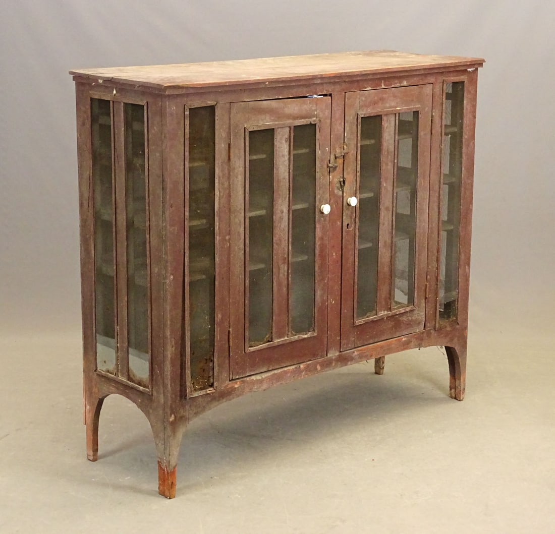 19th c. New England Pie Safe: 19th c. New England 2 door pie safe in red paint. 57" x 19 1/2", 50 1/2" Ht.