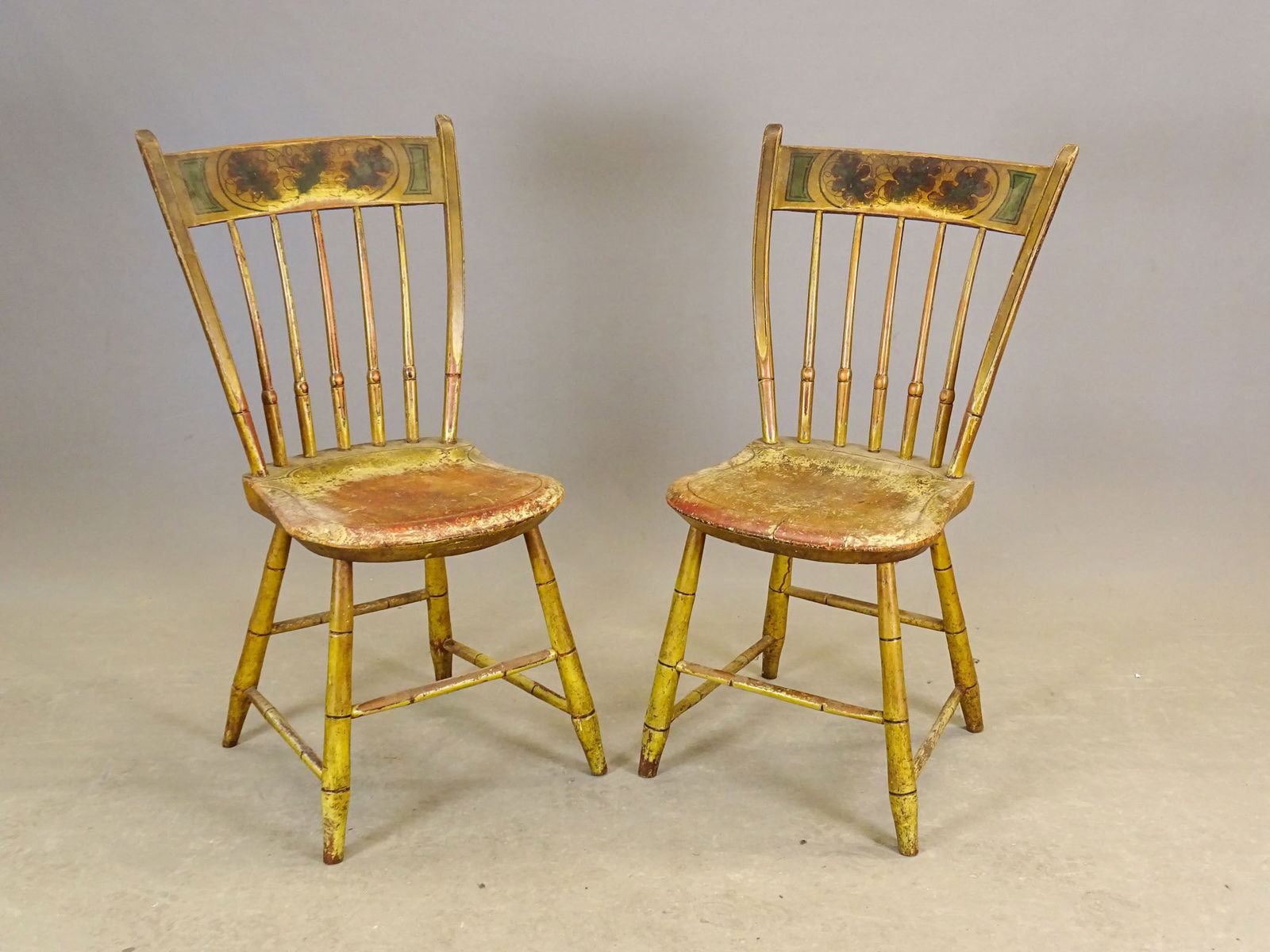 19th c. Pair Rodback Side Chairs: 19th c. Pair of Rodback Rabbit ear Windsor side chairs in original worn paint. 17" seat Ht, 34 1/2" Ht.