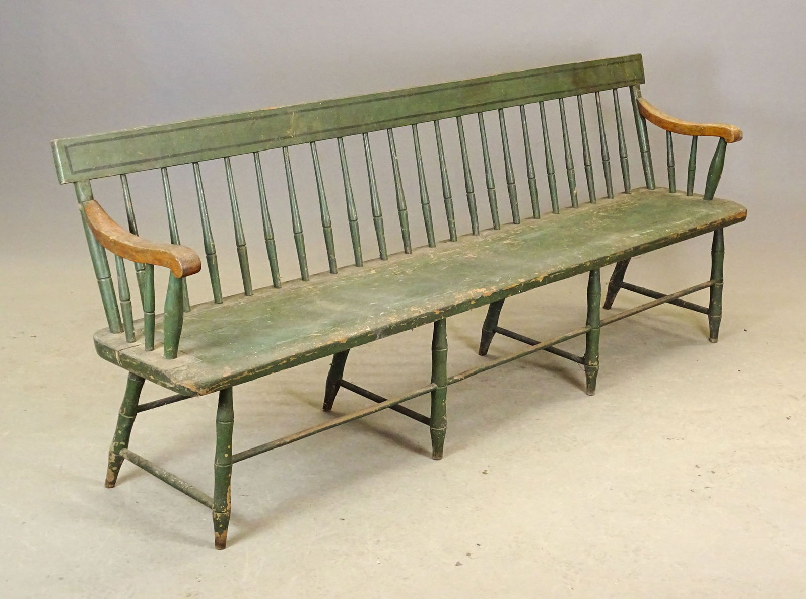 Signed 19th c. Windsor Bench: Signed 19th c. Windsor meeting house bench in old green paint. "J.C. Hubbard". 16" seat Ht, 32 1/2" Ht, 7' L.