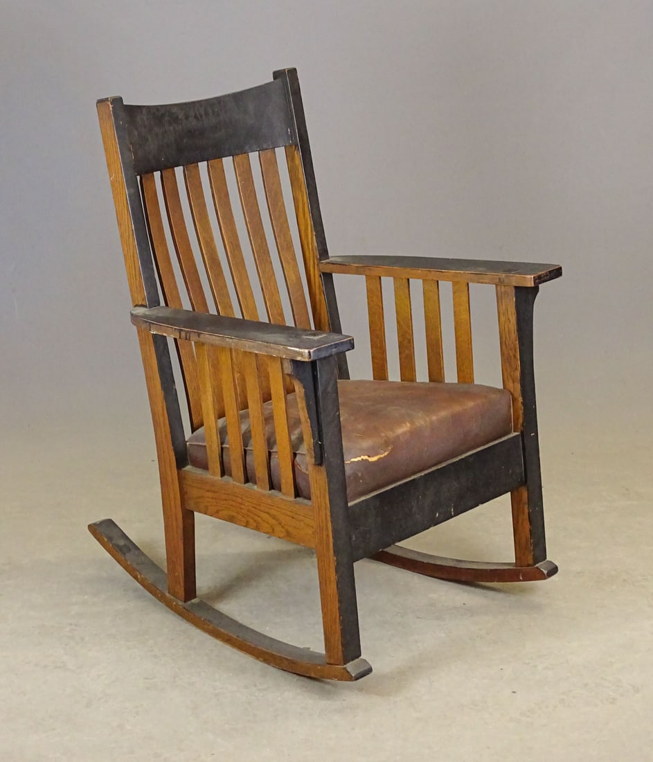 Harden Armed Rocker Chair: Harden Arts & Crafts armed rocker chair with leather cushion, as-is. 17" seat Ht, 38 1/2" Ht.