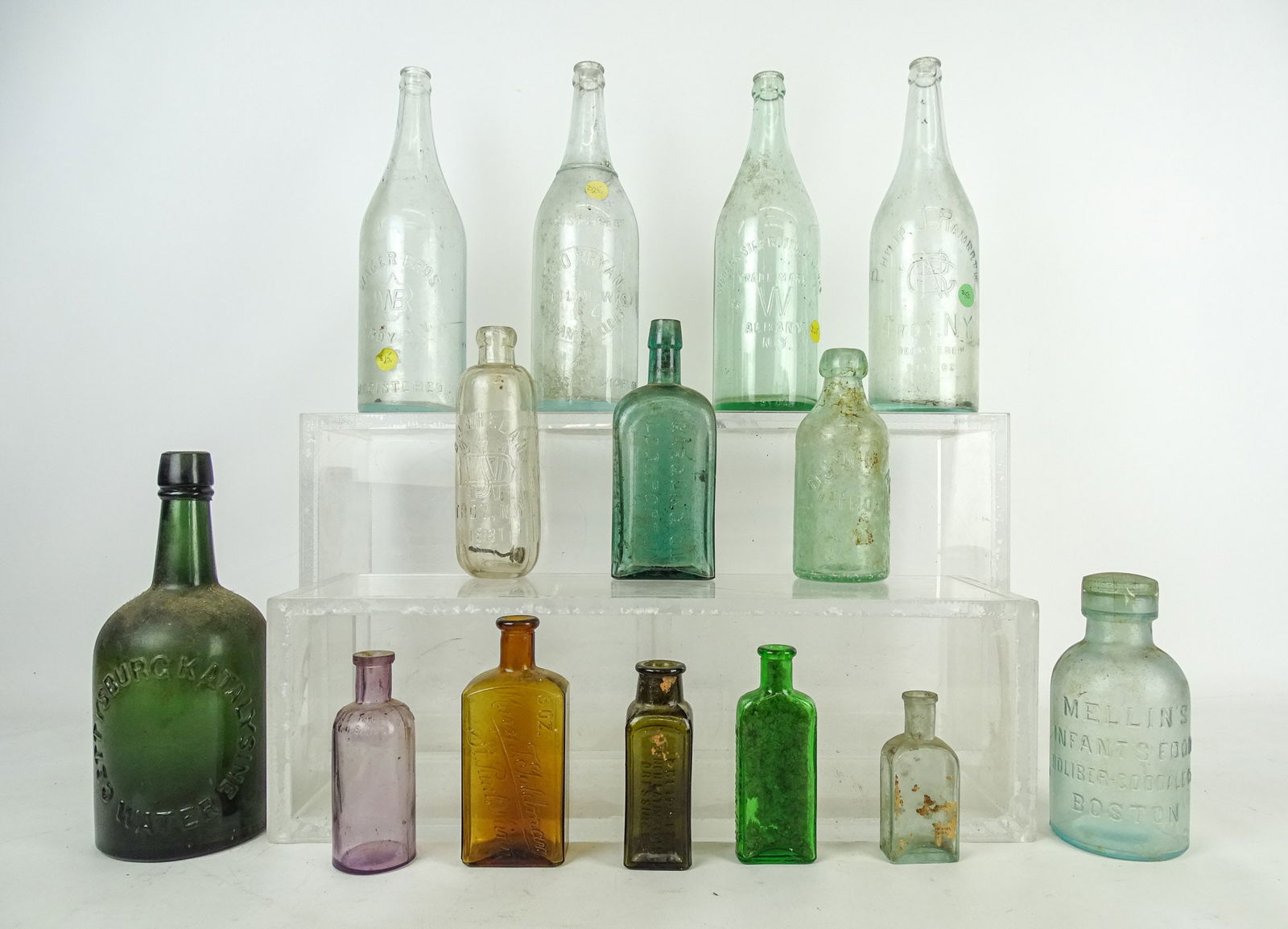 Bottle Collection: Collection of (14) bottles, mostly NY: Ramroth (Troy, NY), Bryan (Mechanicsville, NY), Wager Bros (Troy, NY), Webers (Albany, NY), Gettysburg Kataly Sine Water, Gargling Oil (Lockport, NY), Whelan