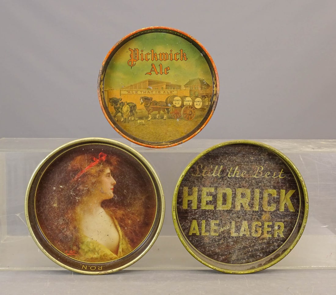 Advertising Beer Trays: (3) decorated beer trays: "Pickwick Ale" Boston Mass, "Dobler Brewing Co" Albany NY, and "Hedrick Ale & Lager". Approx. 13" Dia.