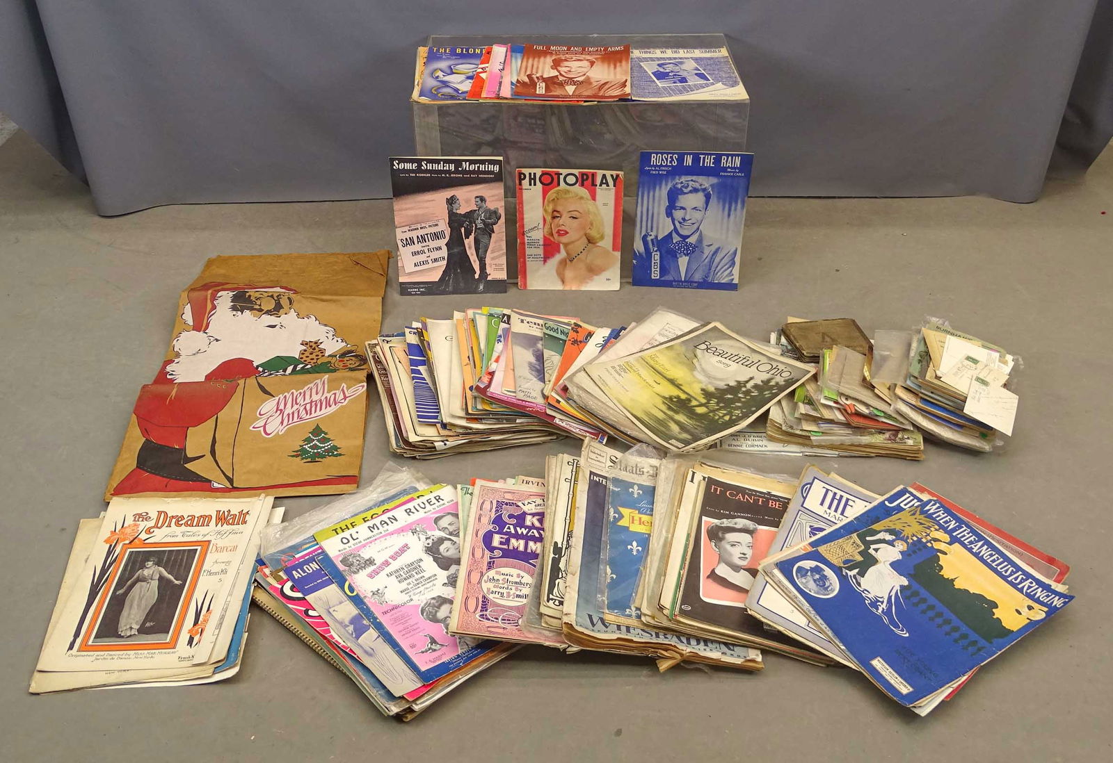 Sheet Music & Ephemera Lot: Sheet music & ephemera lot: Over 300 sheets, magazines including 1953 photoplay (Marilyn Monroe), 1950-1960 Boy's Life, postcards, misc pamphlets, and more.