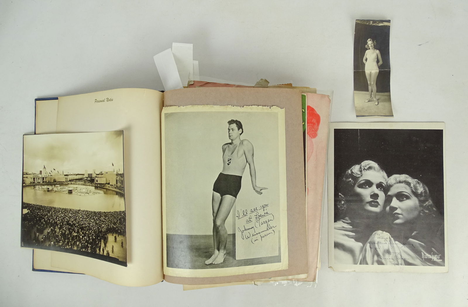 Swimming Scrapbook: Margaret "Midge" Adams Scrapbook, dedicated to the sport of simming. Autographed photos, including: Johnny Weissmuller, Floyd Zimmerman, Eleanor Holm, Stubby Kruger, Buster Crabbe. Also autographed