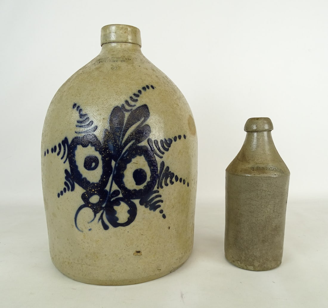 Stoneware Lot: Stoneware Lot: "Fort Edward Pottery Co." (3 gal jug with abstract decoration, 15 1/2" Ht), "J. Hapgood" bottle (10" Ht).