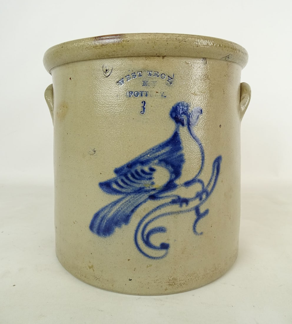 Stoneware Crock: Stoneware Crock "West Troy N.Y. Pottery", 3 gal. crock with bird on branch decoration. 10 3/4" Ht.