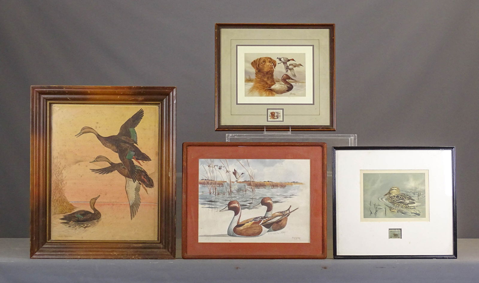 Duck Stamps Lot: Lot including: (2) pencil signed duck stamp prints (overall in frames 16 1/2" x 18"), pencil signed print (overall 16 1/2" x 21"), original signed duck artwork (overall in frame 25" x 21").