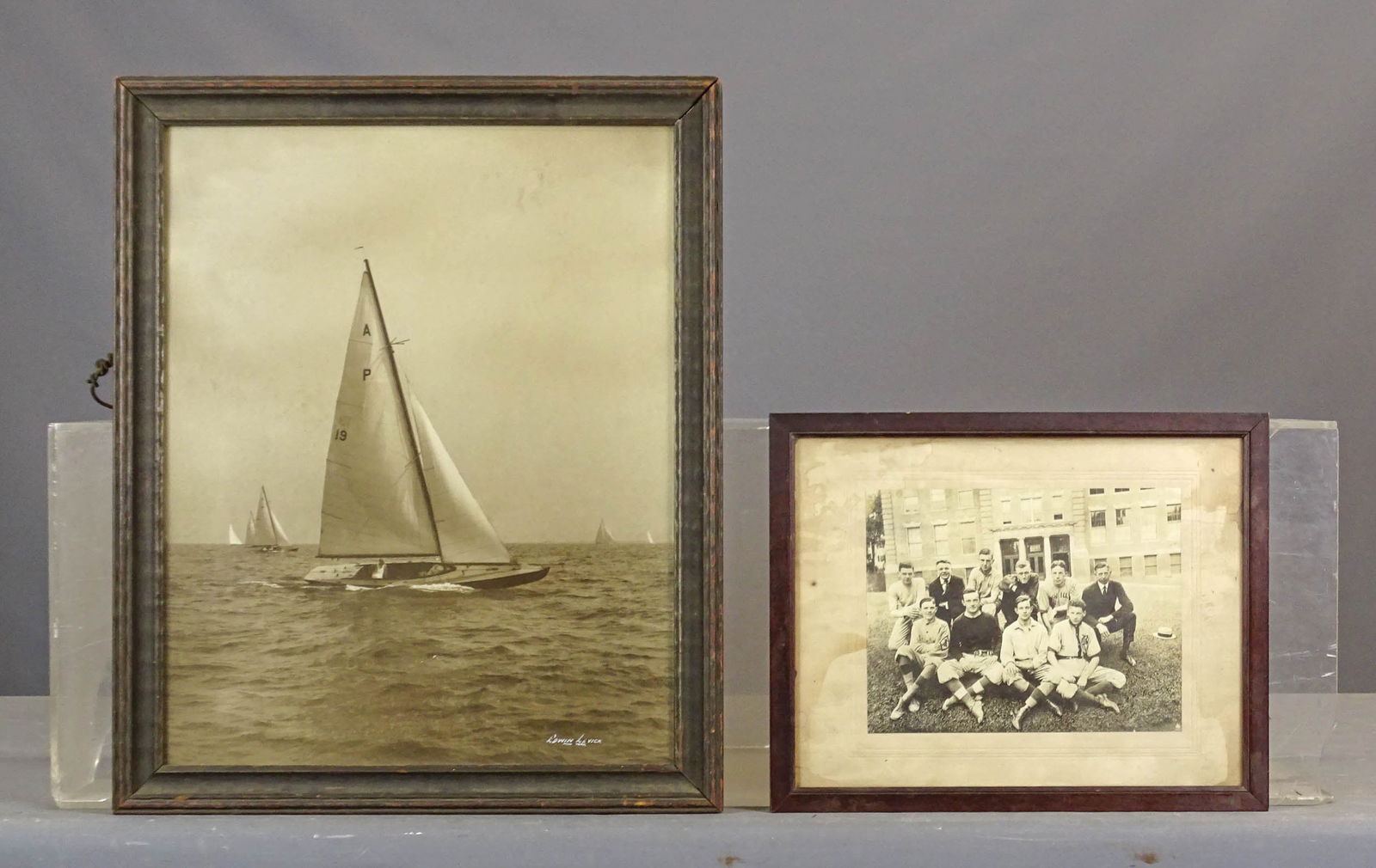 Photo Lot: Lot including: Early Baseball team photograph (overall in frame 12" x 15"), and Sailing photographic print marked "Edwin Levick New York" (overall in frame 22 1/2" x 19"), marked in pen verso "Peguot