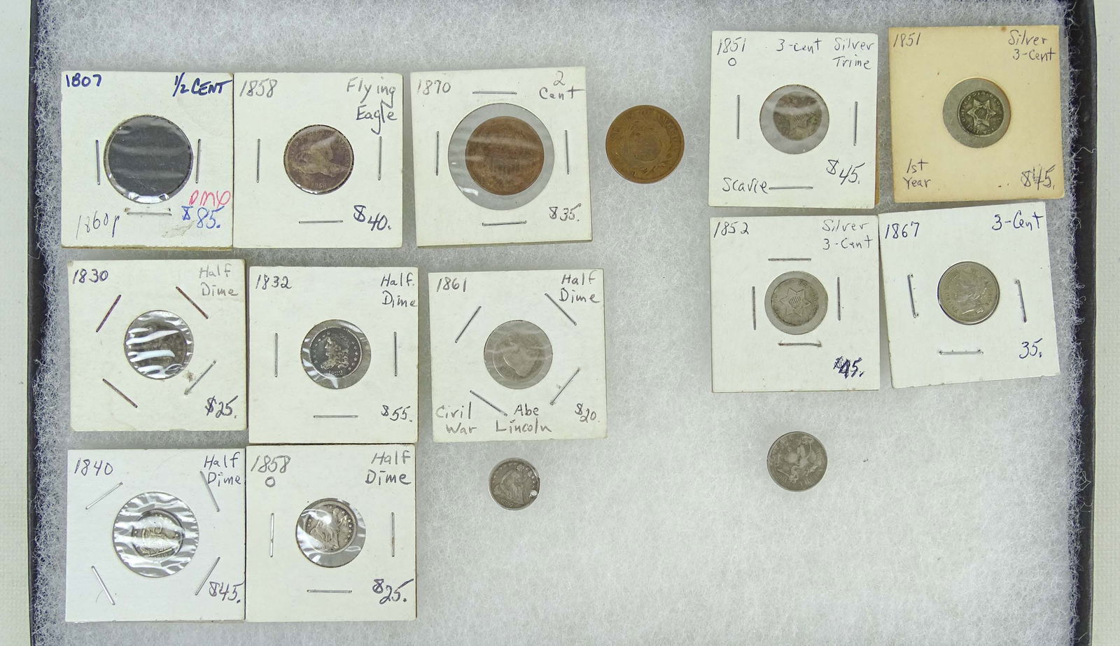 19th c. Coin Collection: Collection of coins (15), including: 1807 half cent, flying eagle 1858, 1865 & 1870 two cents. Also three cent silvers: 1851 O, 1851, 1852, 1865, 1867. Also half dimes: 1830, 1832, 1840, 1857 (as