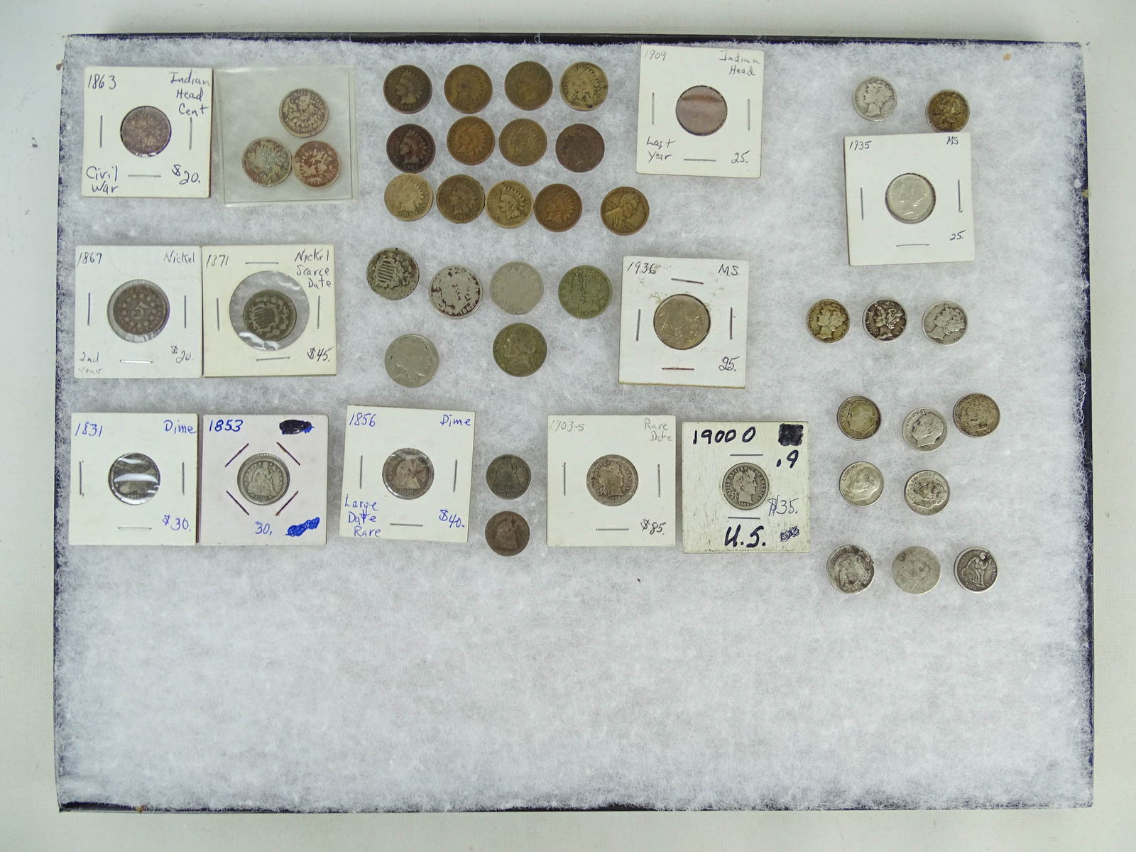 19th & 20th c. Coin Collection: 19th & 20th c. coin collection. Including Indian Head pennies: 1850, 1859, 1862, 1863, 1902, 1903, 1906, 1907, 1909. Nickels: 1867, 1871, 1897, 1901, 1904, 1936, 1945. Dimes: 1831, 1853, 1856, 1876,