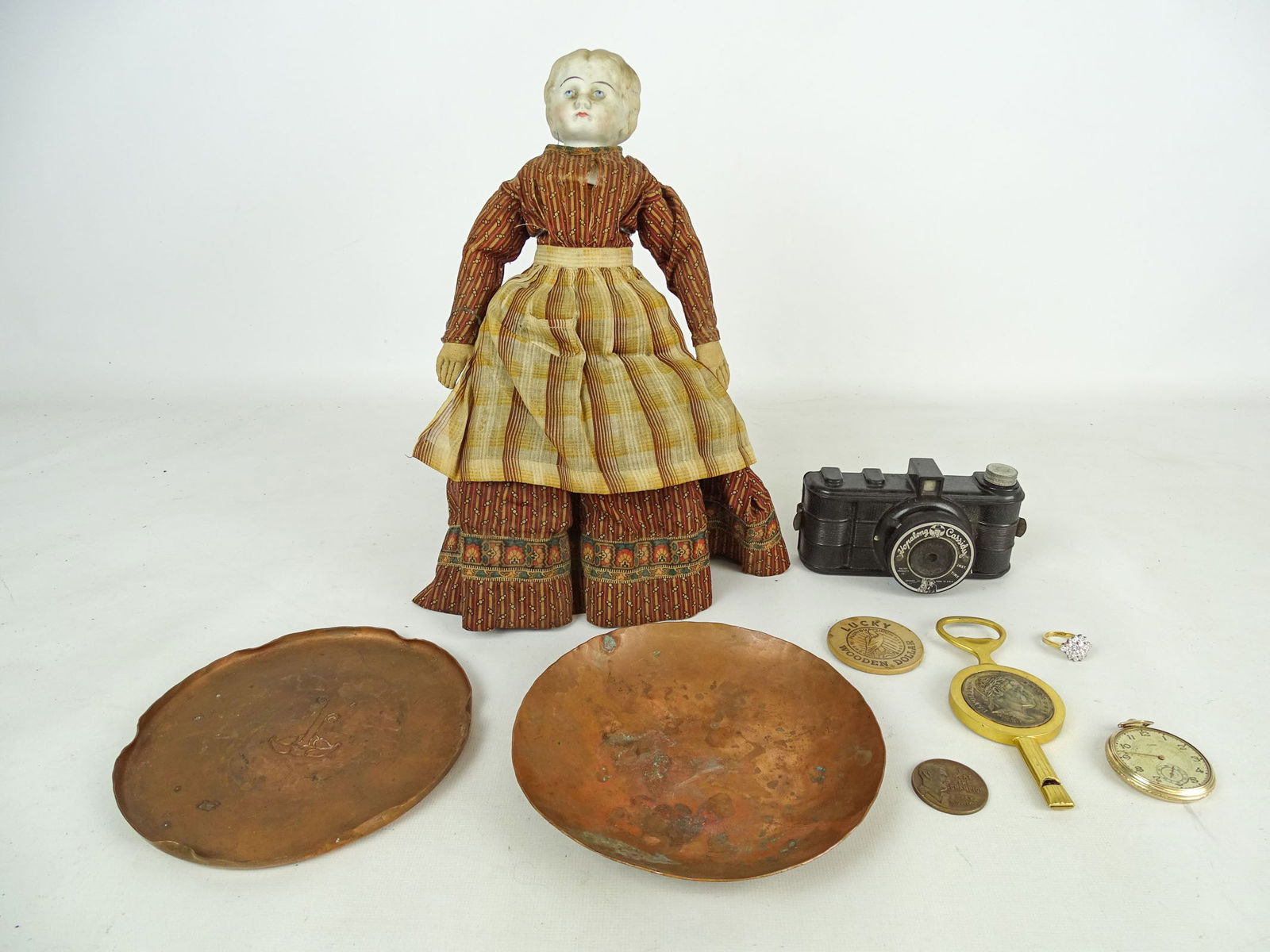 Misc. Lot: Misc. Lot, including: bottle opener whistle with medallion ("Empereur Napoleon"), wooden nickel, PGA medal (1957), Elgin pocket watch (10k gold filled, as is), cluster jeweled cocktail ring (marked