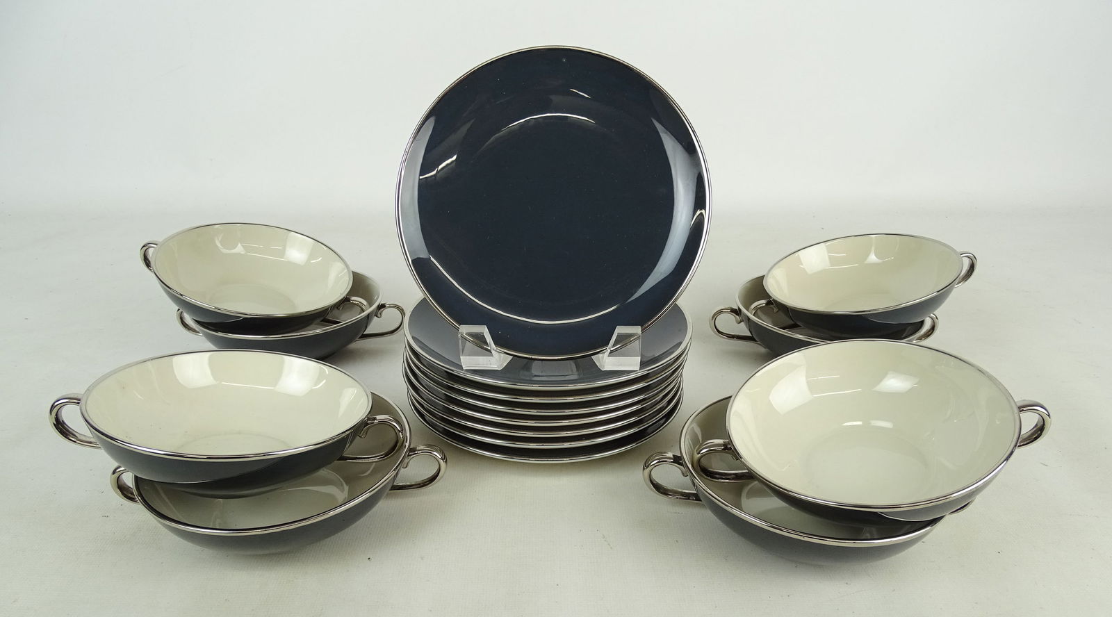 Franciscan MCM China: Set of (8) MCM Franciscan china. Cream bowls and saucers "Teak" with platinum trim.