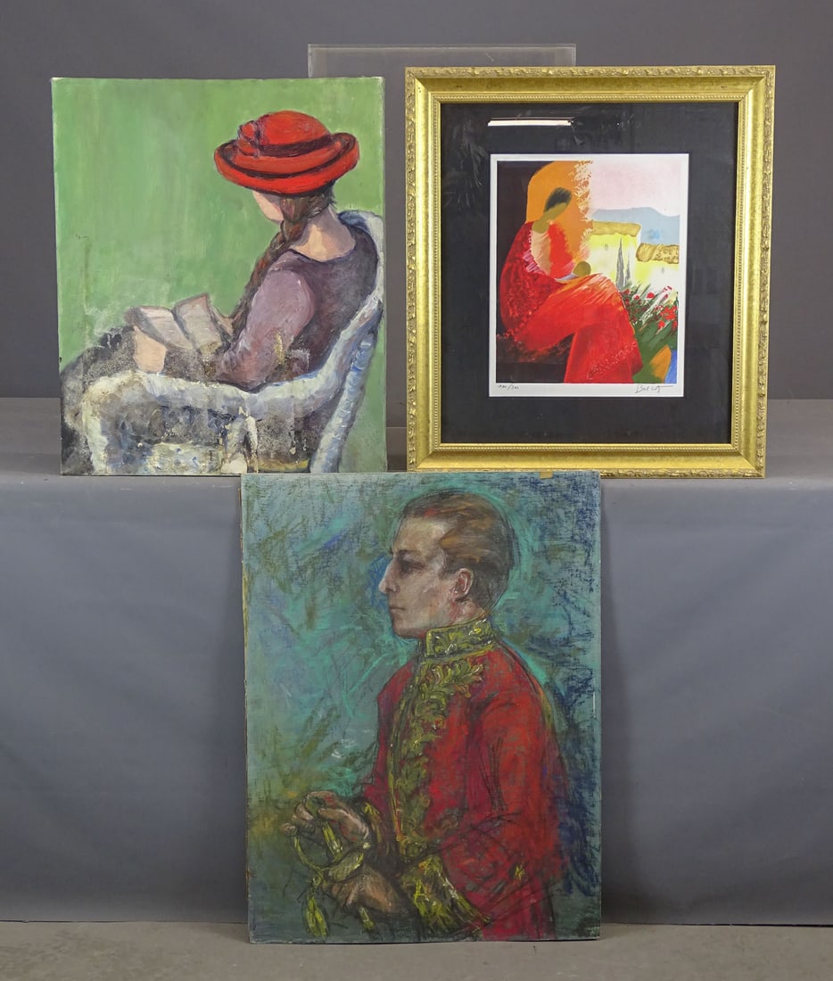 Artwork Lot: Artwork lot including: Emile Bellet lithograph (overall 24" x 21"), painting: portrait of girl reading (oil on canvas, overall 24" x 20"), painting of a solider on masonite (overall 29 1/2" x 22").