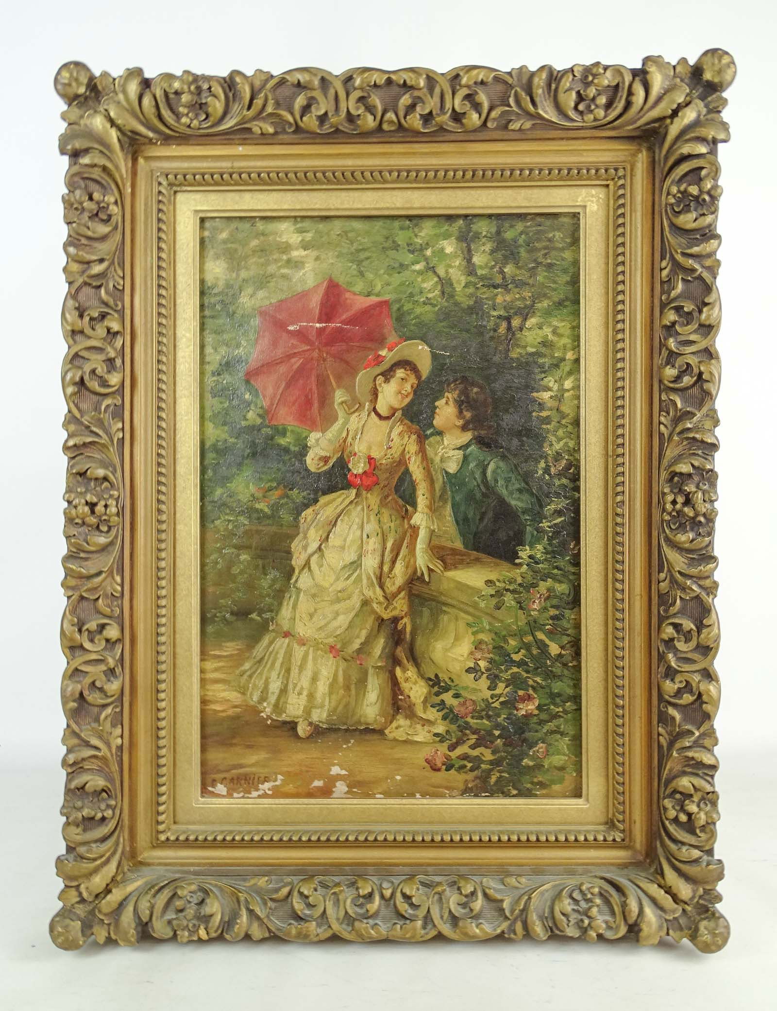 Painting: Woman with Parasol: Painting: Woman with Parasol. Signed LLC "..Carnier", as is, overall in frame 25" x 19".