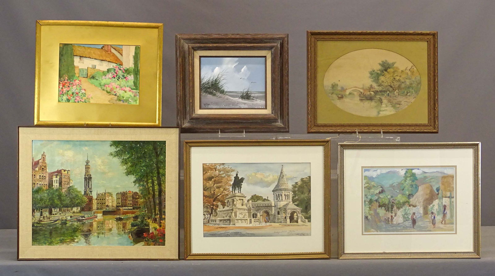 Artwork Lot: Artwork lot including: Historical watercolor (overall 17 1/2" x 21 1/2"), watercolor of cottage (overall 15 1/2" x 18 1/2"), seascape (oil on canvas, overall 15" x 17"), oval watercolor landscape (sig