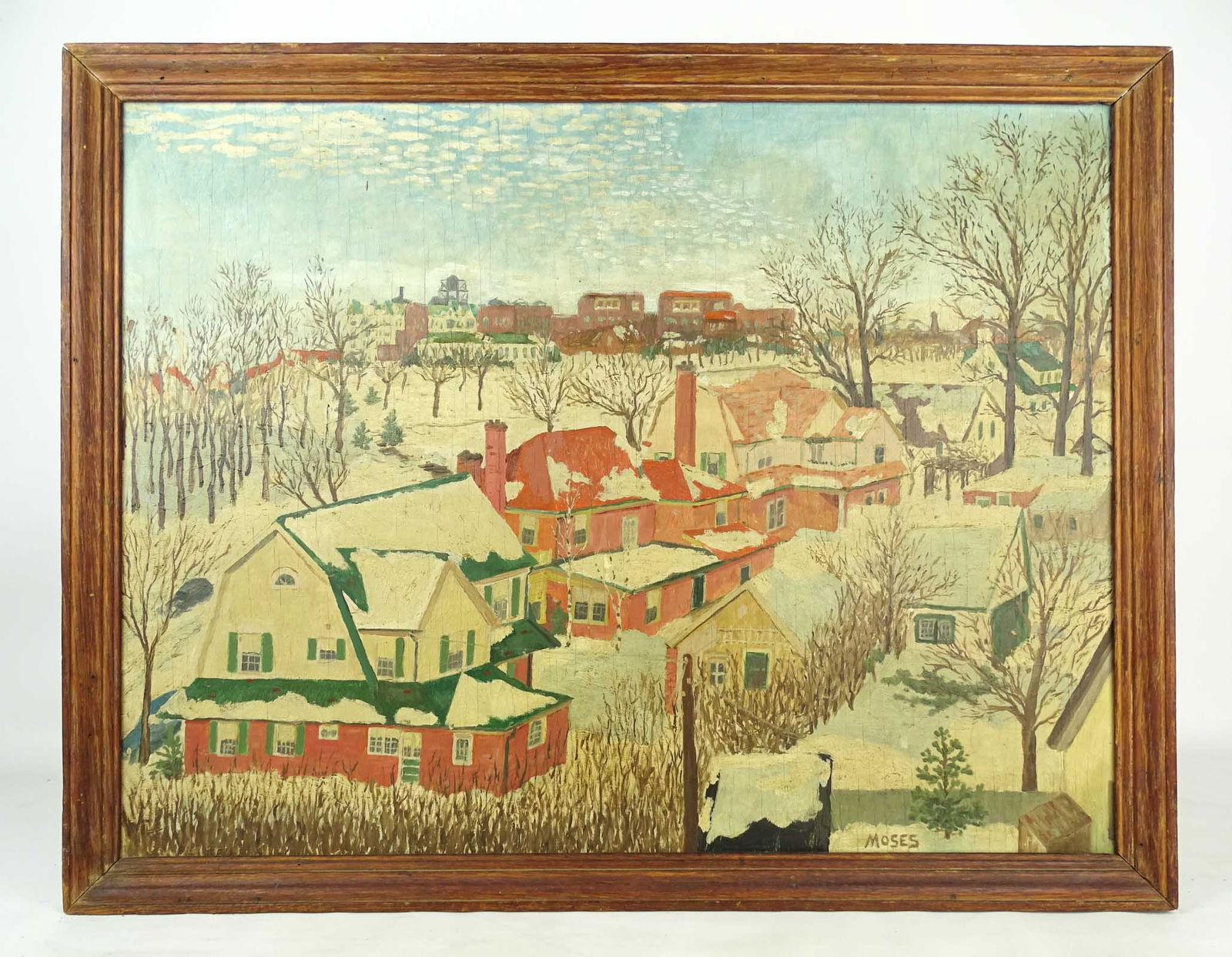 Painting: Landscape with Village Signed Moses: Painting: Landscape with village signed LRC "Moses". Oil on panel. Written faintly in pen verso "Grandma Moses". Sold with an attribution to artist. 23" x 30", overall 24 1/2" x 31 1/2".