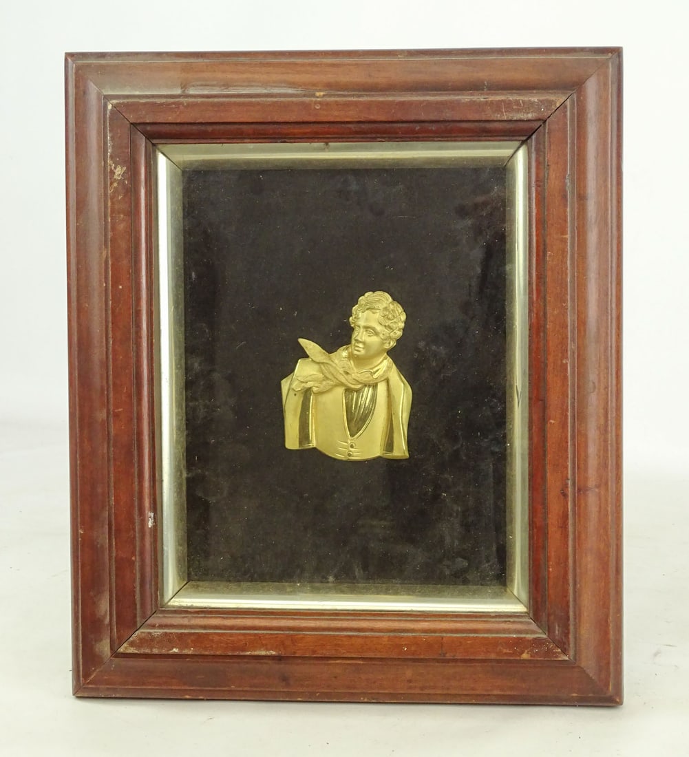 Bronze Portrait of George Gordon, Lord Byron: 19th c. shadowbox framed bronze portrait of George Gordon, Lord Byron. Overall in frame 15 1/2" x 13".