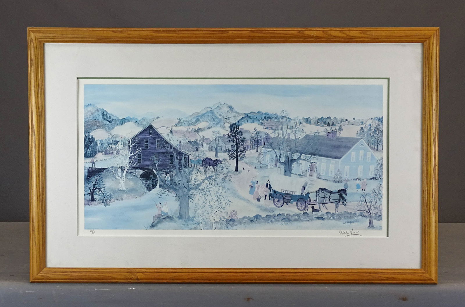 Will Moses Signed Print: Will Moses signed and numbered print. Titled "Friendly Peddler". COA verso, Mt. Nebo Gallery, Eagle Bridge N.Y.. 435/1000. Overall in frame 21" x 33".