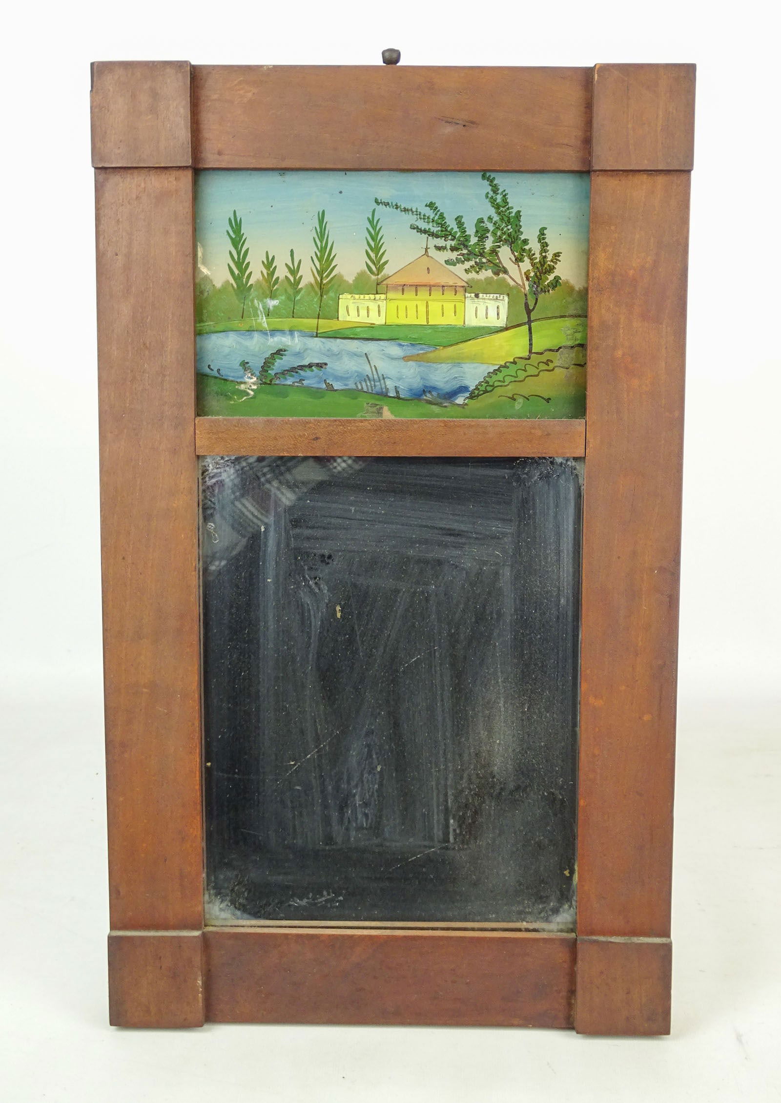 19th c. Federal Mirror: 19th c. split panel Federal mirror. Top tablet has reverse painted Stately building. 20" x 12".