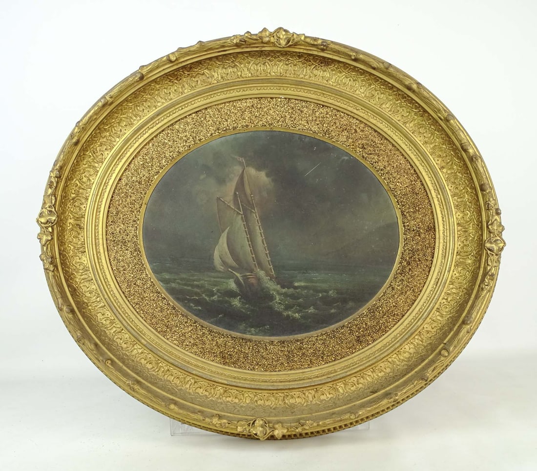 Painting: 19th c. Seascape: Painting: 19th c. oval seascape. Oil on panel. 15 1/2" x 18 1/2", overall 22" x 25".